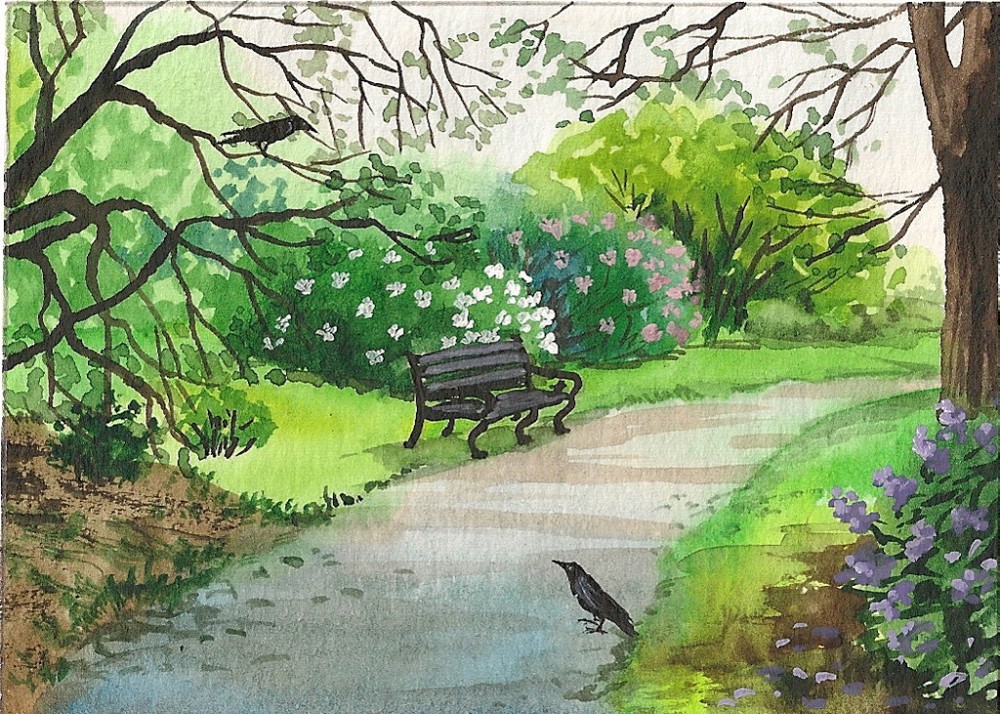 ACEO Art Print - Crow Raven Ryta Park Alley Spring Lilac Landscape Painting 🌳
