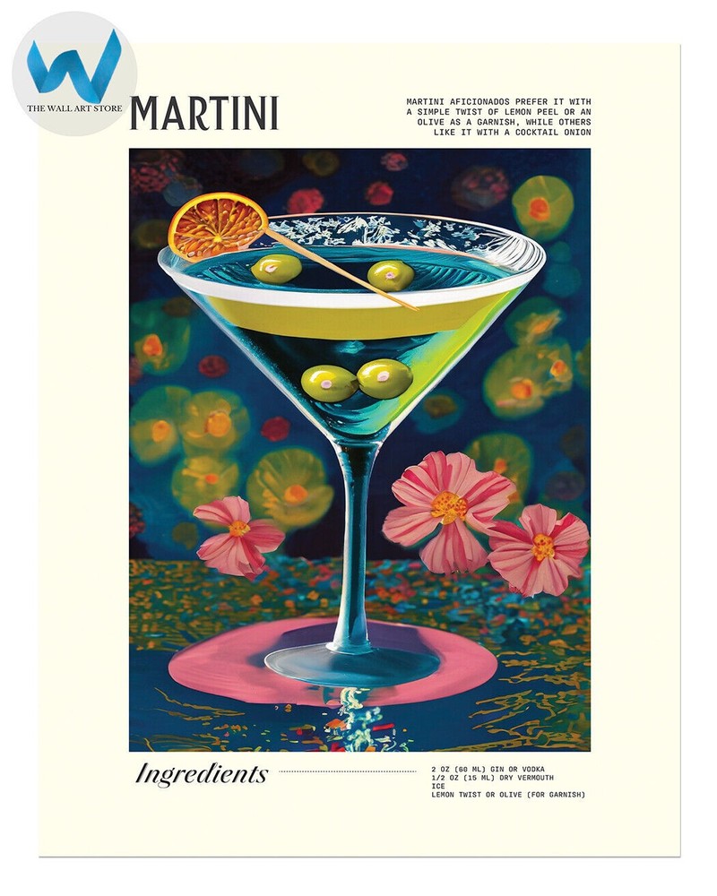 Martini Cocktail Recipe Poster Floral Bar Wall Art Print 12X16/16X20/18X24/24X36
