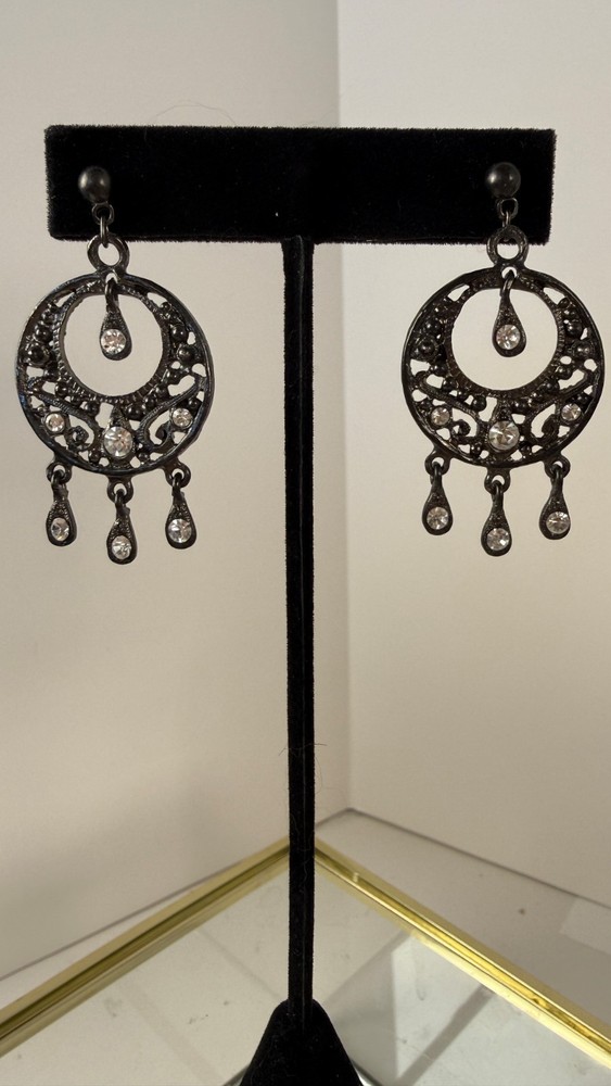 Vintage Gunmetal Rhinestone Chandelier Dangle Earrings | Boho Gothic