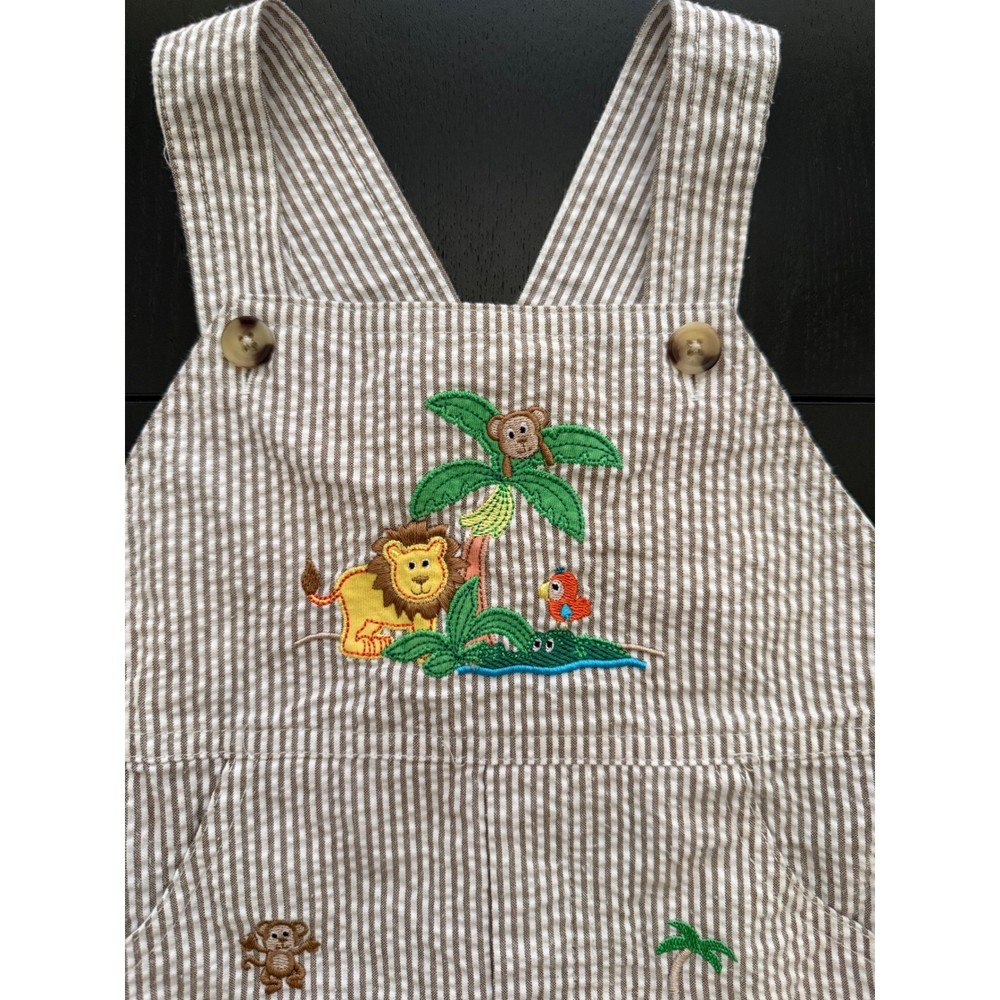 Goodlad Baby Boy Seersucker Short Overall Size 18 Month Brown Embroidered Animal