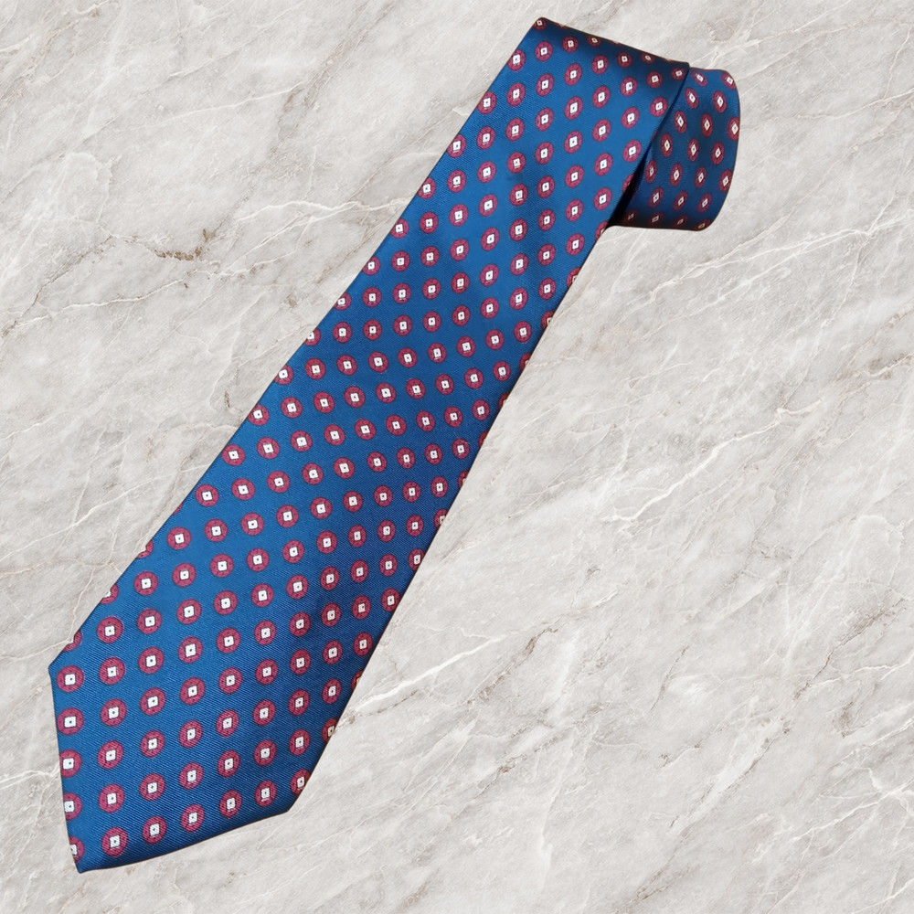 Sulka Men's Tie 100% Silk Navy Red/White Geometric Dots, Made in England Vintage