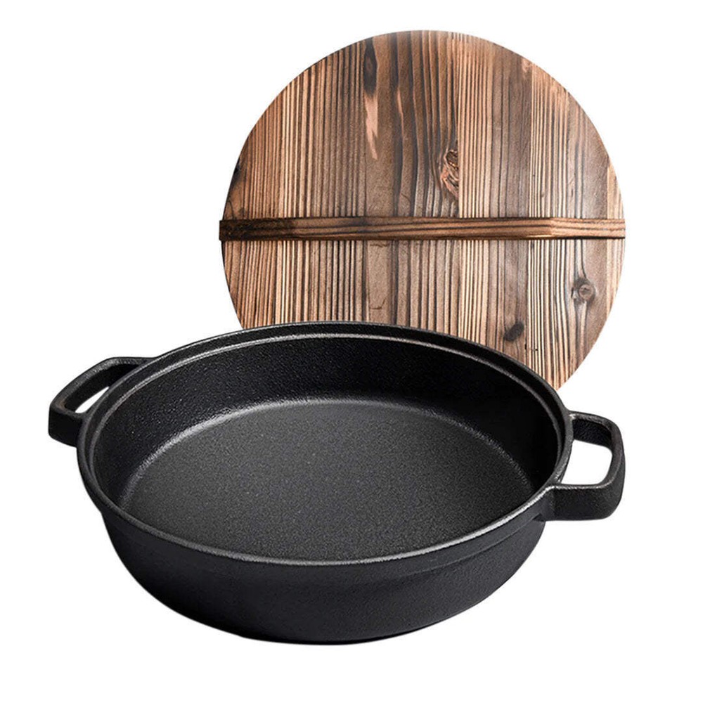 NNEAGS 35cm Round Cast Iron Pre-seasoned Deep Baking Pizza Frying Pan Skillet wi
