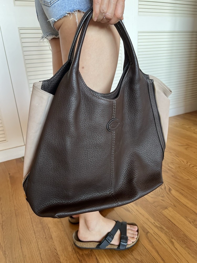 Tod's Women's Leather Handbag, Shoulder Bag, Brown And Beige