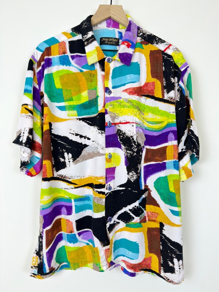 Jams World Monaco Shirt Large Abstract Art Print Rayon Hawaii USA Button Up