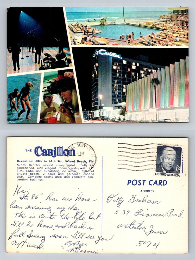 Miami Beach, FL-Florida, Carillon Hotel Night Exterior Pool Vintage Postcard