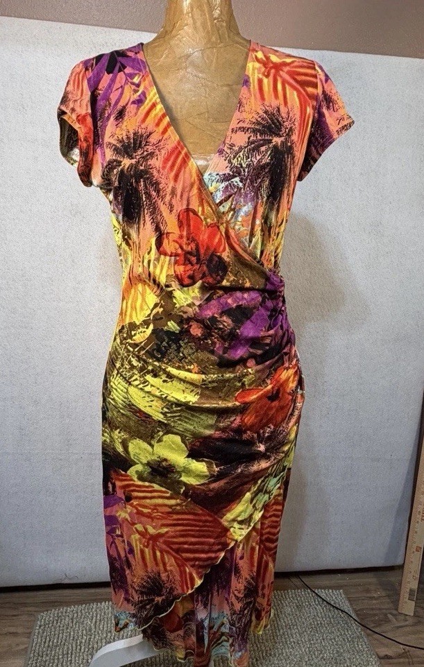 Joseph Ribkoff Women's Tropical Print Short Sleeve Faux Wrap Dress Size 12