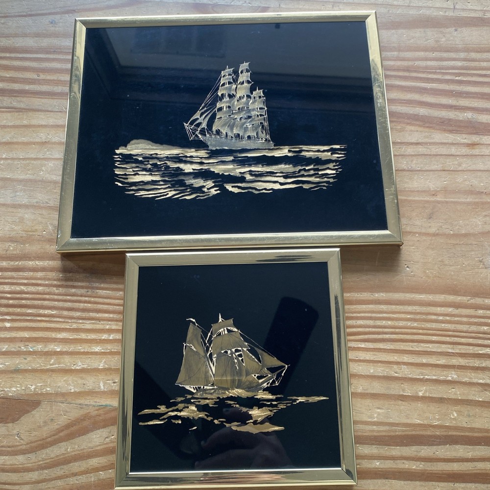 Vintage Kafka Industries Gold Foil Art Etching Sailboat Ship Framed Pictures 2