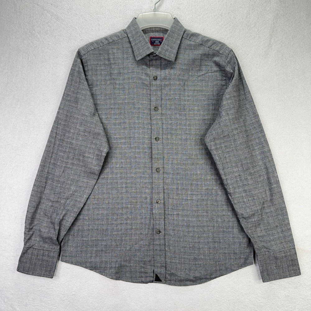 Untuckit Men's L Shirt Gray Glen Plaid Slim Fit Long Sleeve Button-Down Cotton