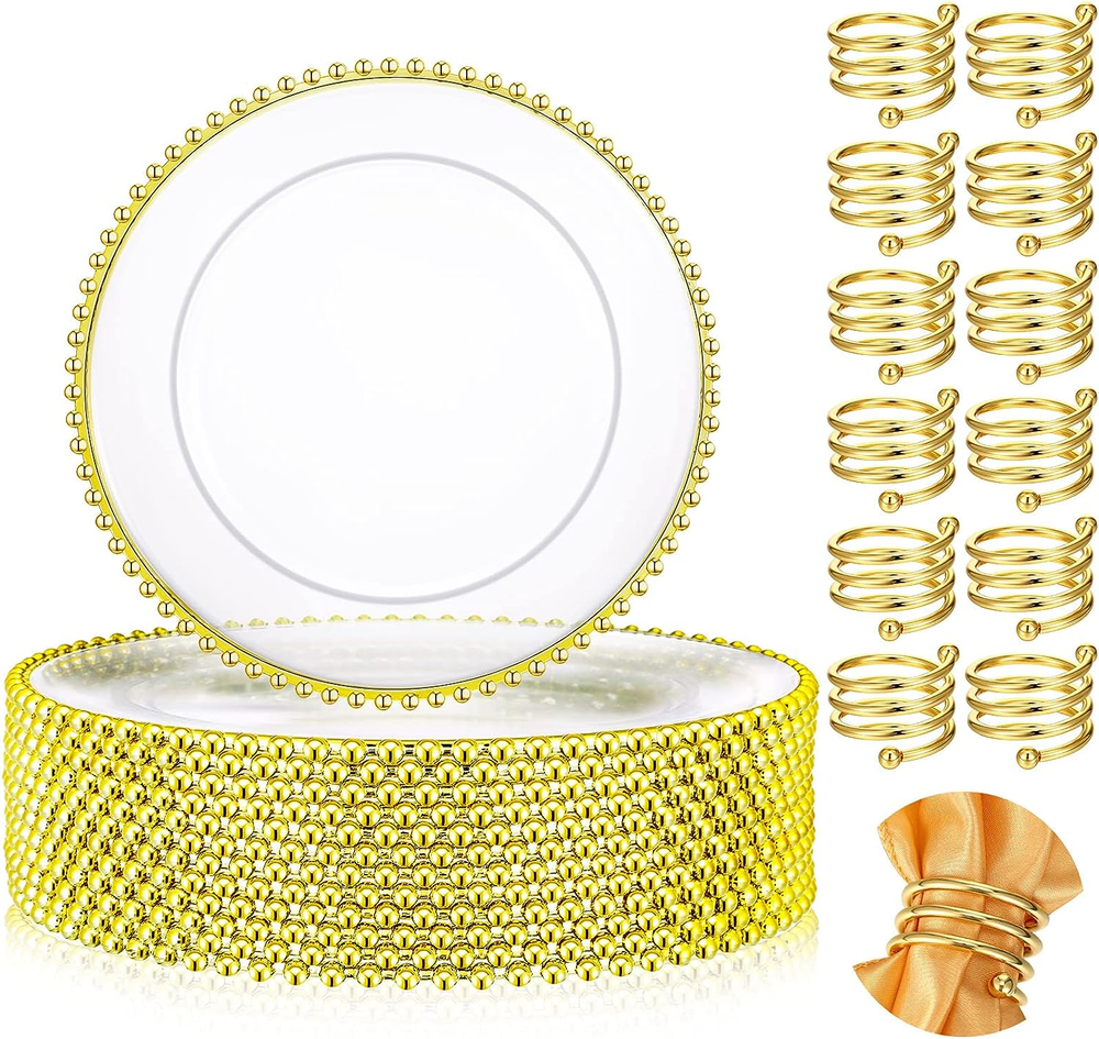 12 Set Gold Beaded Charger Plates and Napkin Rings, Acrylic Gold Beaded Clear