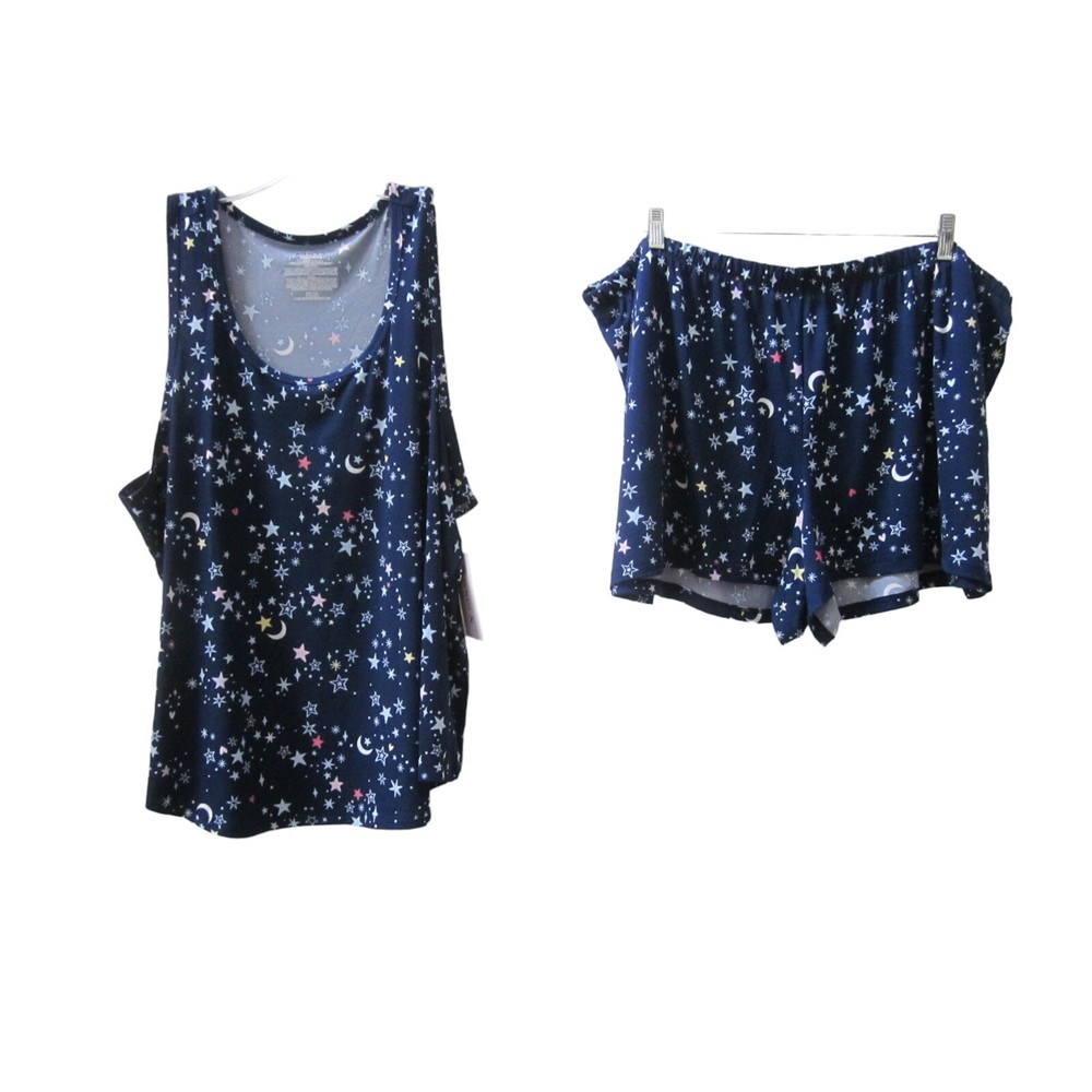 NWT JOYSPUN Blue Multi Color Star Print 2 Pc Shirt Shorts Pajama Sleep Set 2X 3X
