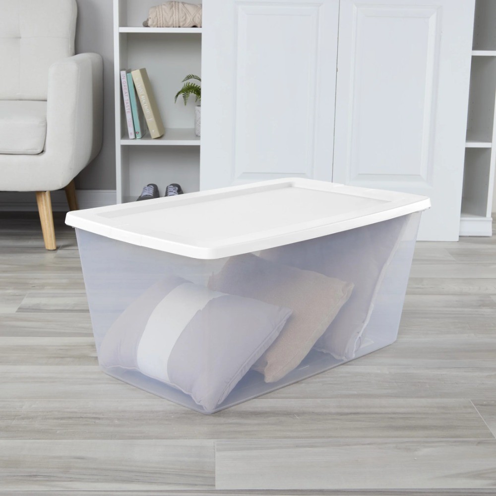 90 Quart Clear Plastic Storage Bin with Snap-On Lid - Large Capacity