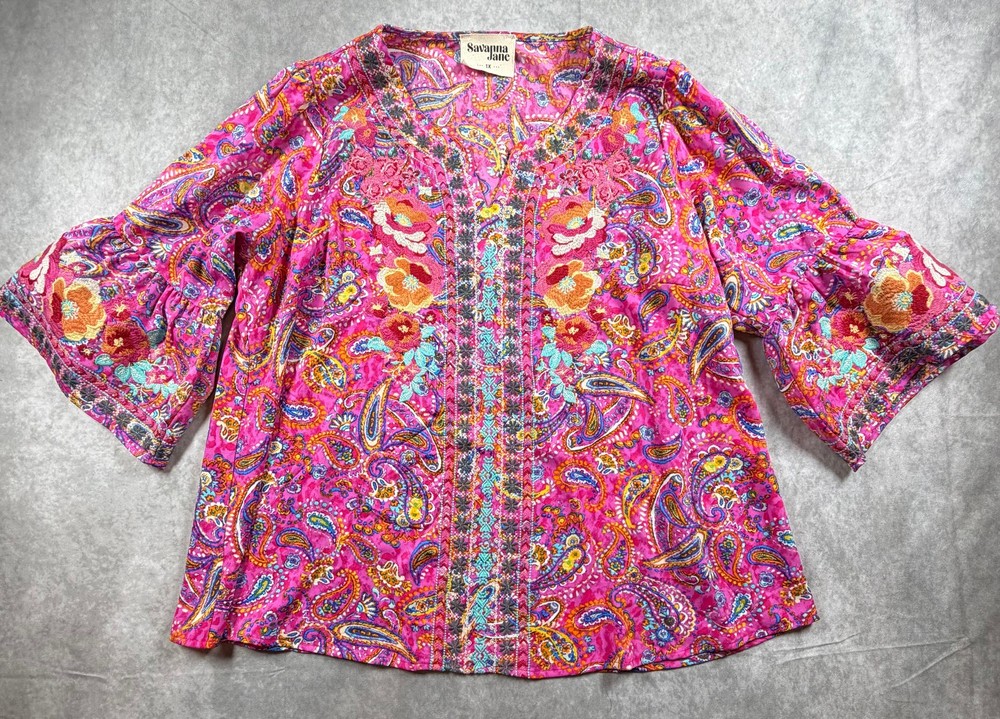 Savanna Jane 1X Pink Paisley Embroidered Boho Peasant Tunic 3/4 Sleeve