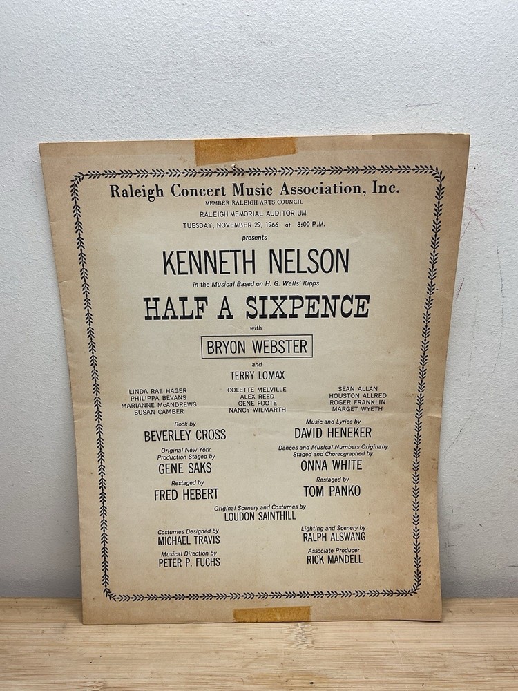 29 Nov 1966 Raleigh Concert Music KENNETH NELSON HALF A SIXPENCE Program F45