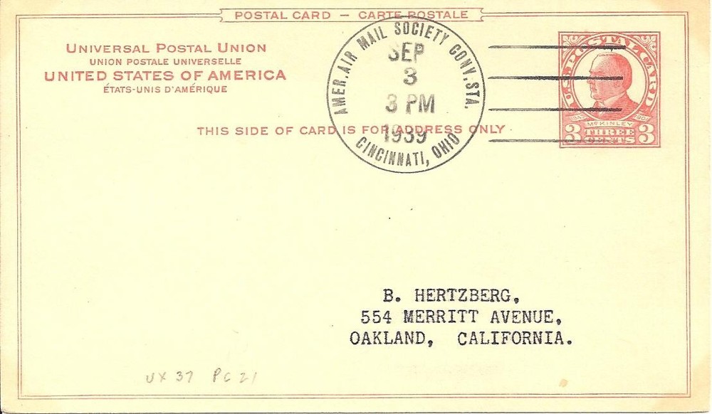 1939 VF UX37 Air Mail Society Convention Station Cincinnati OH