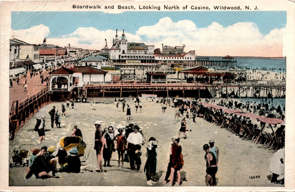 Boardwalk, Beach, Casino, Wildwood, N. J. Postcard