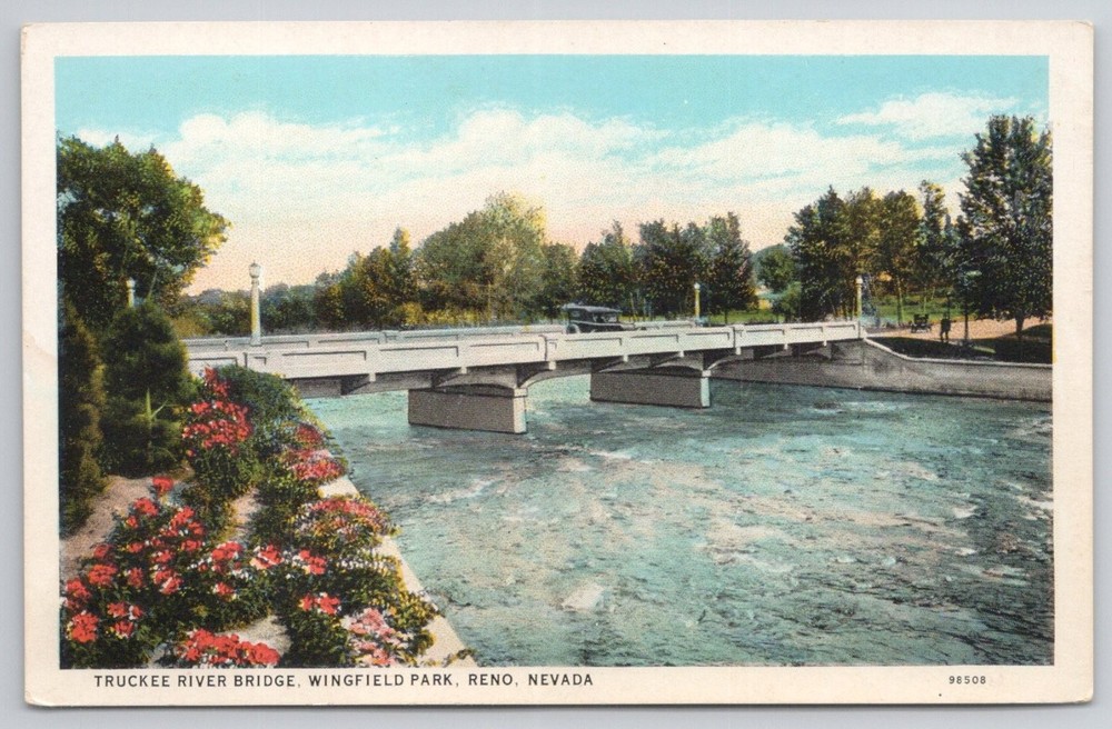 Truckee River Bridge Wingfield Park Reno Nevada Vintage Postcard Curt Teich