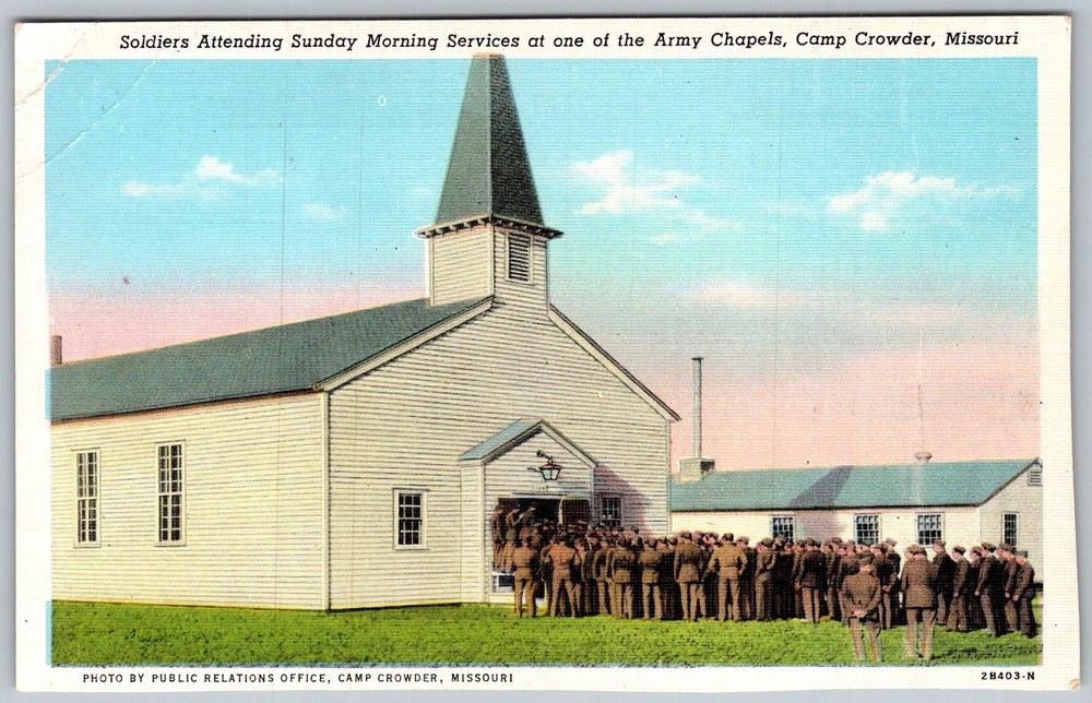 Vtg Linen Postcard Soldiers Sunday Morning Camp Crowder, MO 1940s