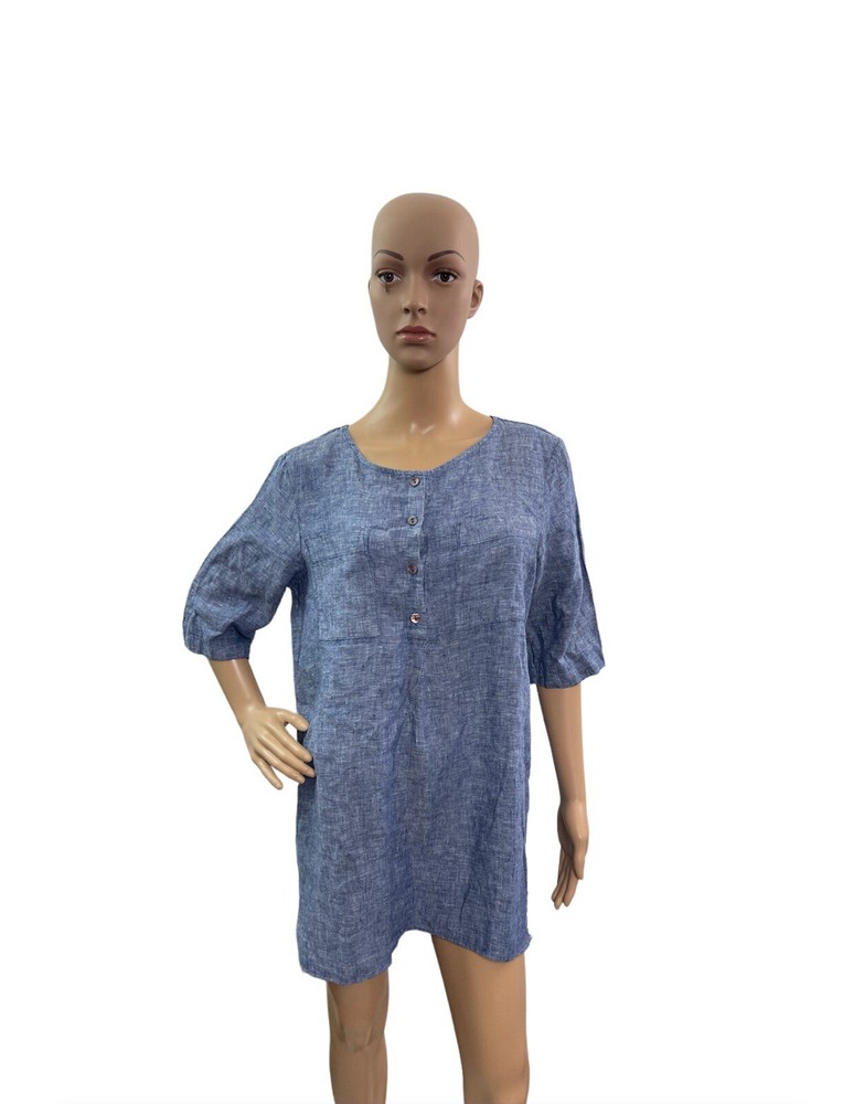 Andrea Jovine Women’s Size M Short Sleeve 1/4 Button Neck Blue Linen Tunic Top