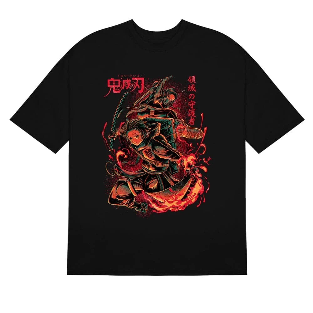 Anime Demon Slayer Kimetsu No Yaiba Tanjiro Nezuko Fiery Guardians Black T-Shirt