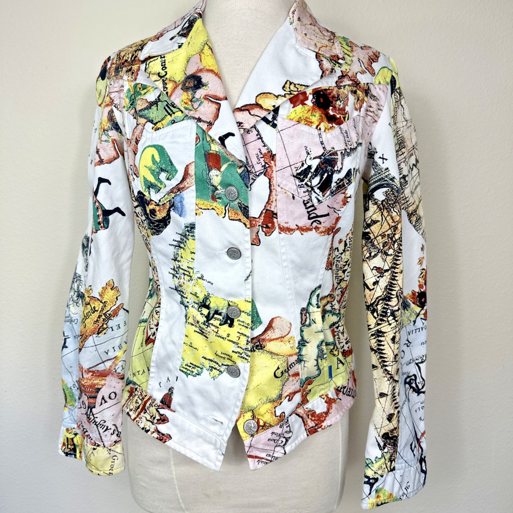 VTG CHRISTIAN LACROIX Womens SZ 10 Cropped Jacket 1990's 5 Button Printed Map