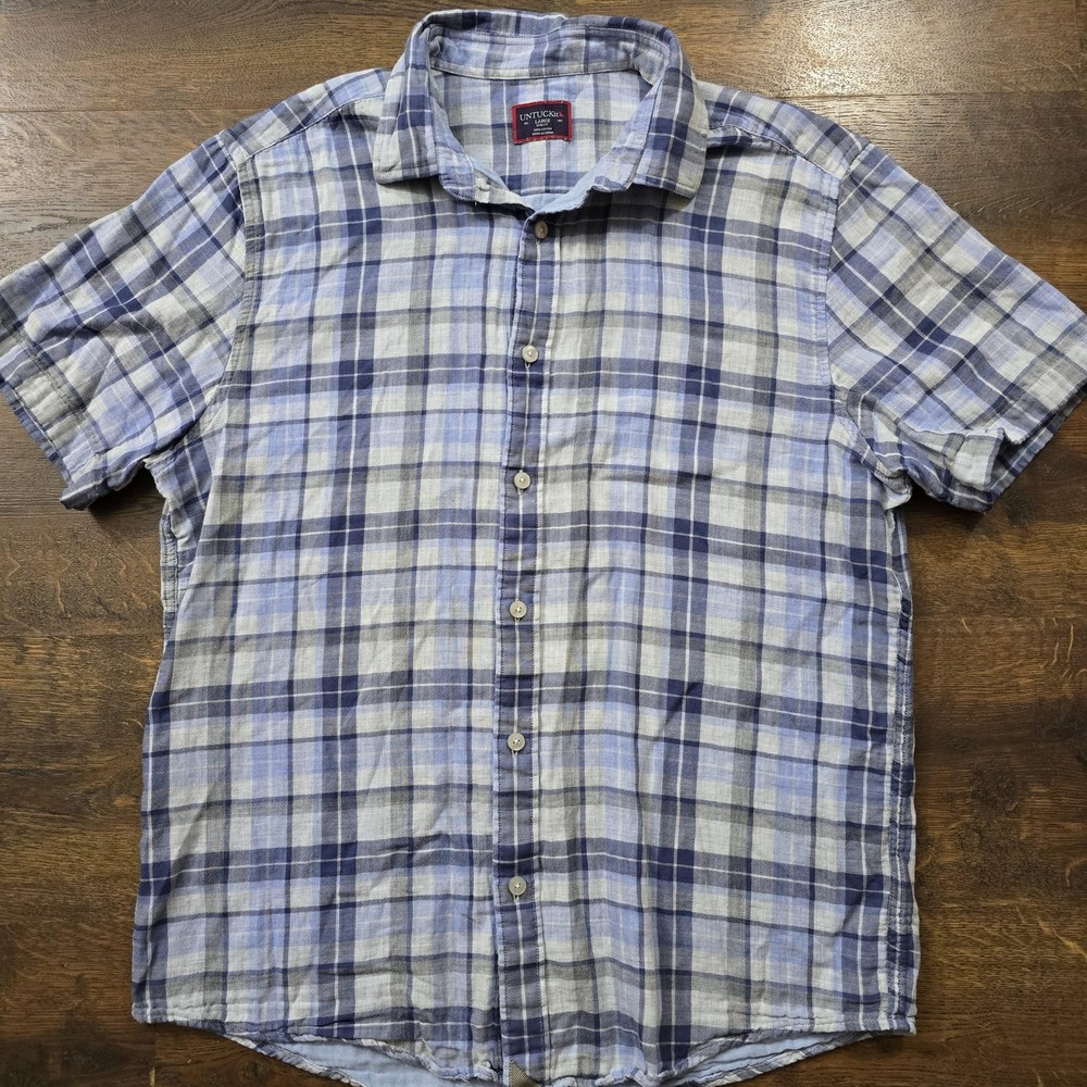 UNTUCKit Shirt Mens L Blue Plaid Benjamin Slim Button Up Short Sleeve Casual