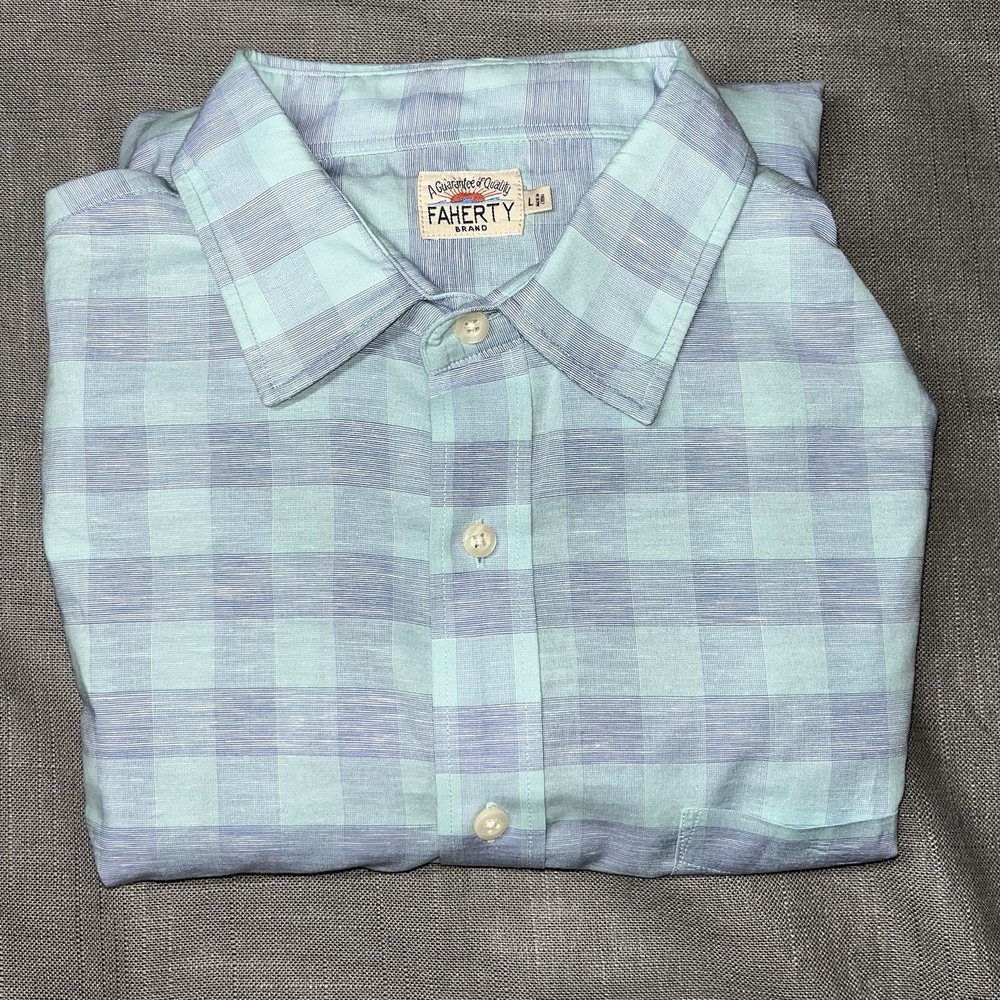 Faherty Movement Shirt Men's L Blue Plaid Long Sleeve Button Down Cotton Linen
