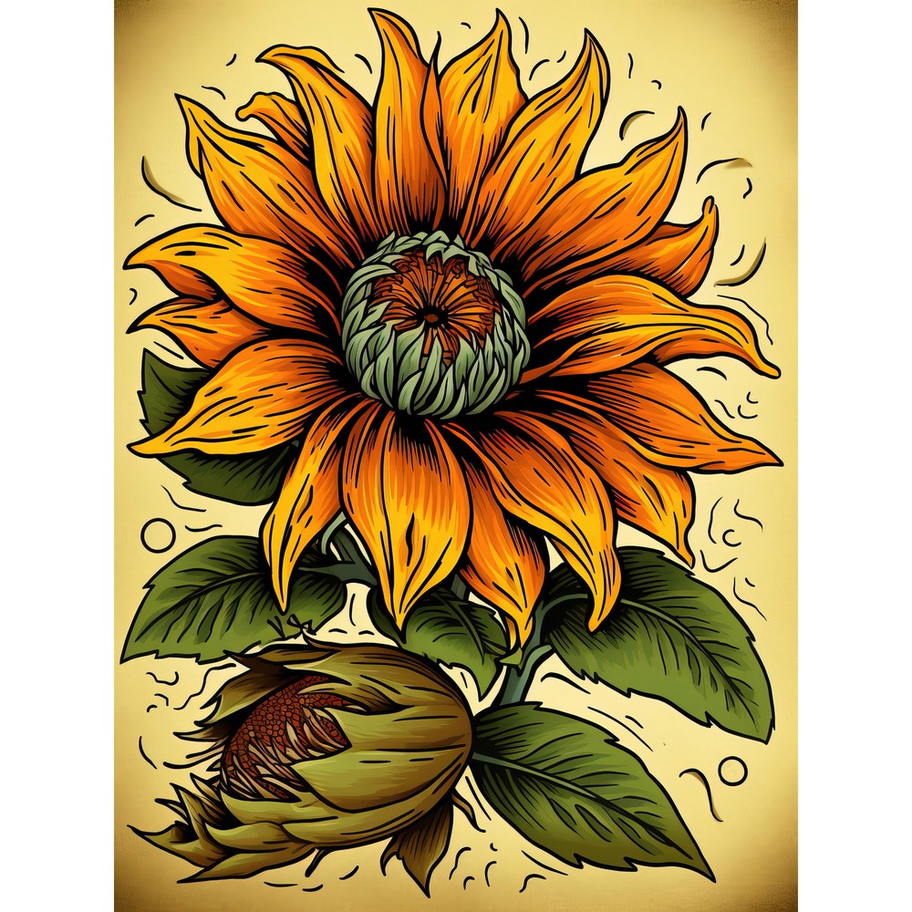 Sunflower Bloom Old School USA Tattoo Americana 50s Huge Wall Art Print 18X24 In