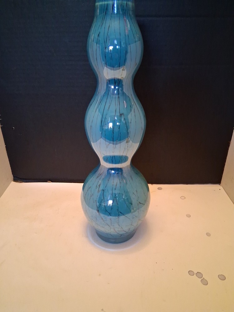 Vintage Murano Style Triple Gourd Blue Hand Blown Art Glass Vase 14