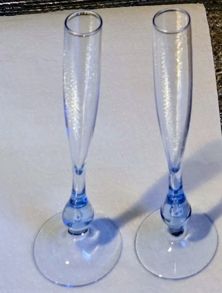 Pair Of VTG Whitefriars Art Glass Bud Vase Flutes Arctic Blue Teardrop 10.5”