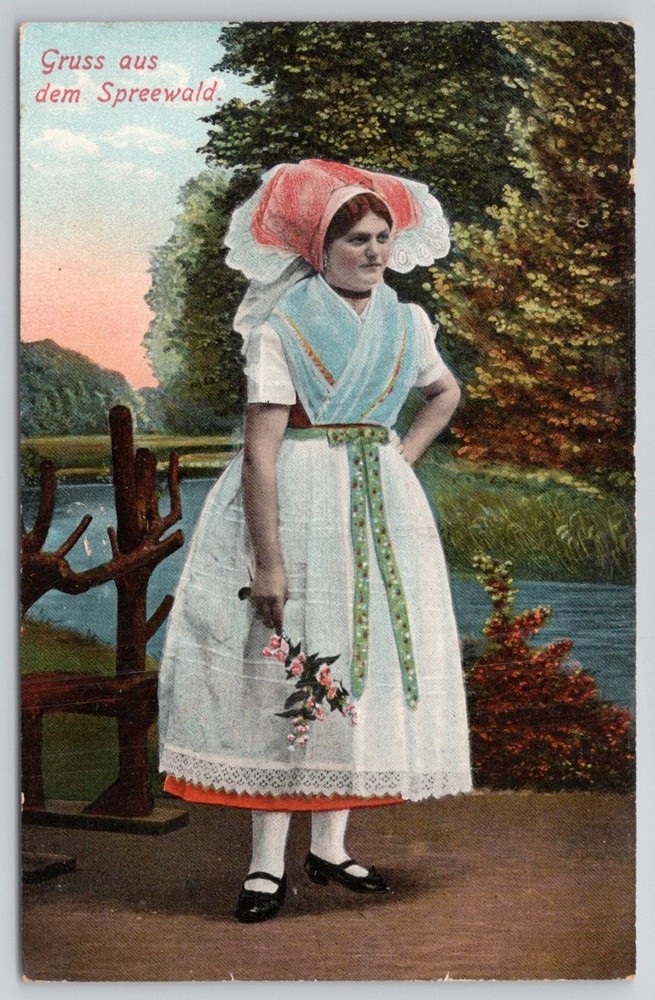 Spreewald Germany Postcard Woman in Sorbian Folk Costume Tracht Early 1900s