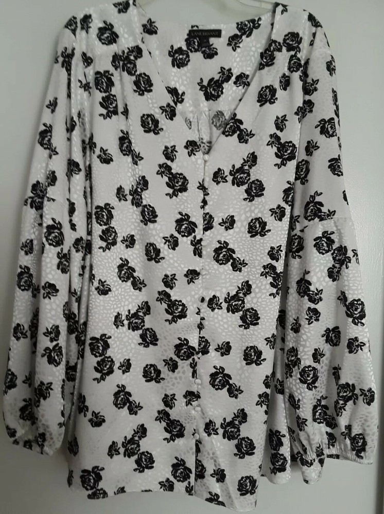 Lane Bryant Satin Floral Black White Womens Button Down Blouse Size 28