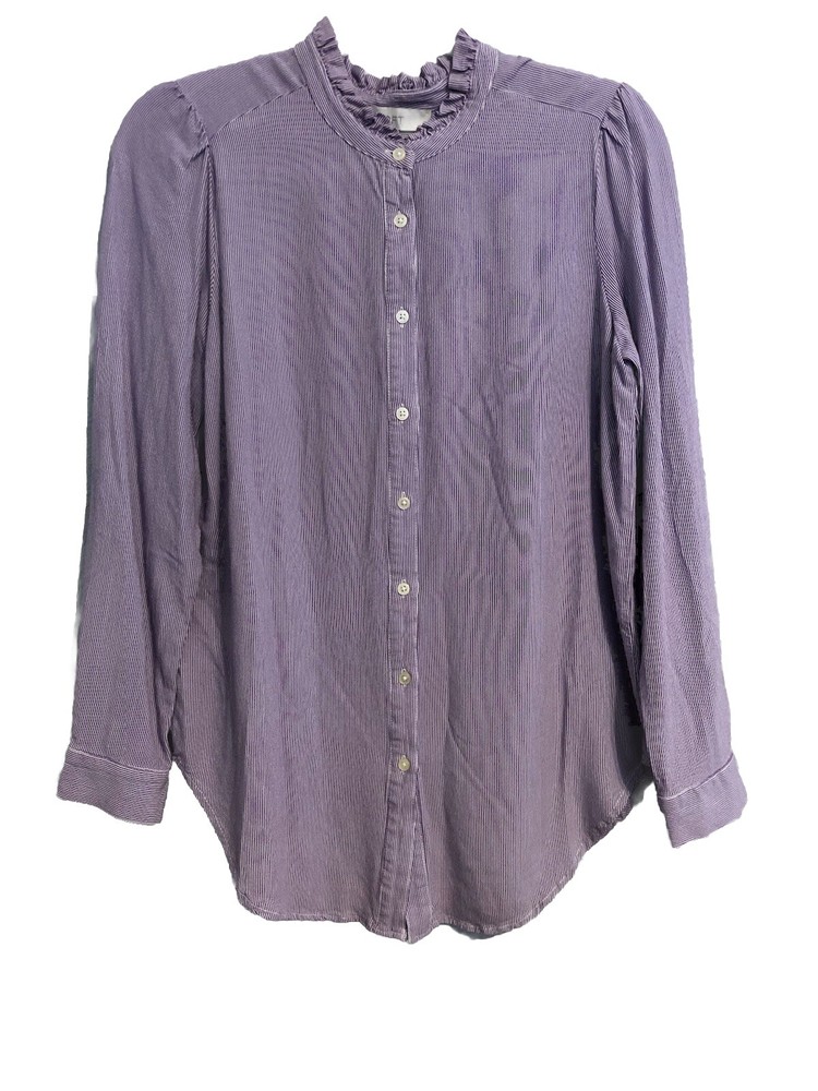 Loft Womens Top Small Purple White Striped Ruffle Long Sleeve Blouse Button Up