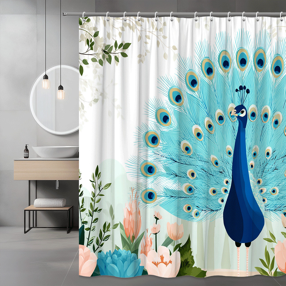 Peacock Floral Shower Curtain Blue Bird Garden Print