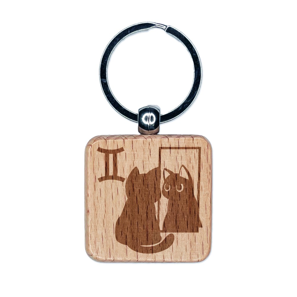 Gemini Zodiac Cat Astrology Engraved Wooden Keychain