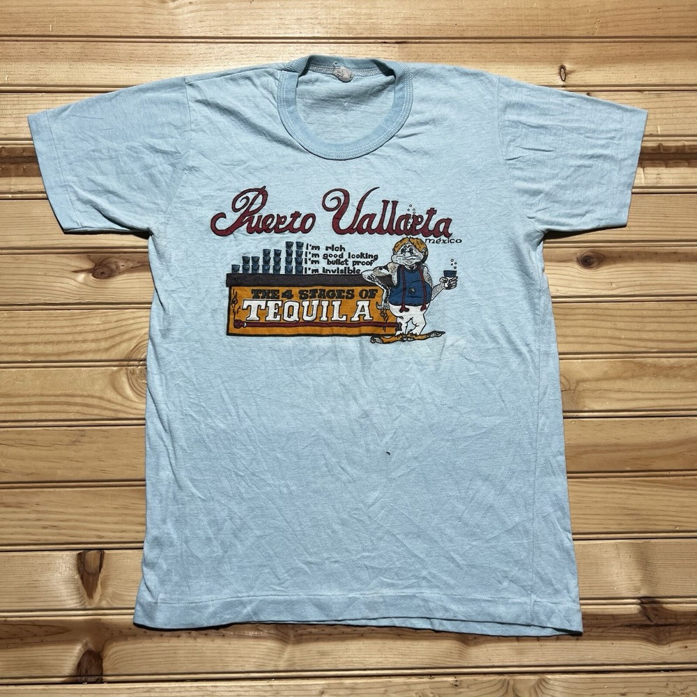 Vintage 80s Puerto Vallarta Drinking Tequila Art Comic Funny Shirt Size Medium