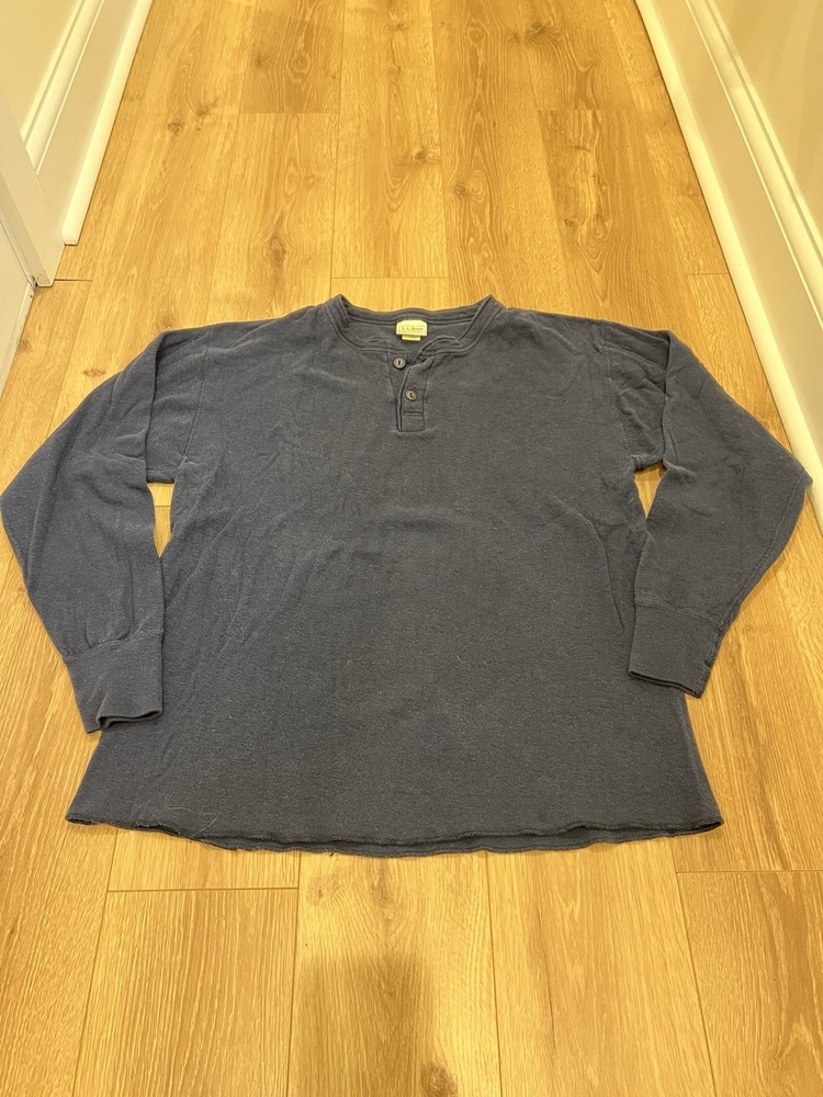 Vintage LL Bean River Driver Henley Shirt Men's Large Blue Wool Blend USA