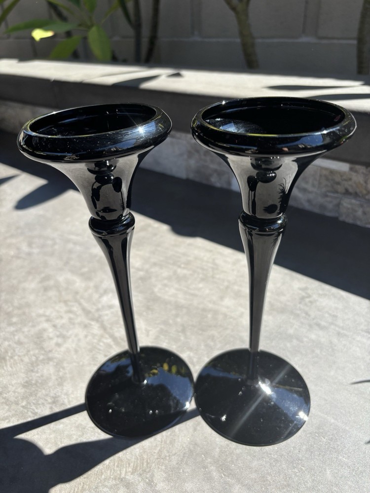 Vintage Oneida Black Amethyst Glass Taper Candle Holders Pair 24% Lead Crystal