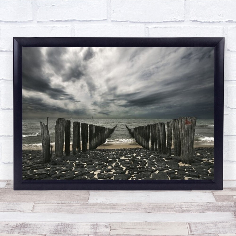 Sea Defense Beach Poles Bridge Jetty Pier Perspective Sand Wall Art Print