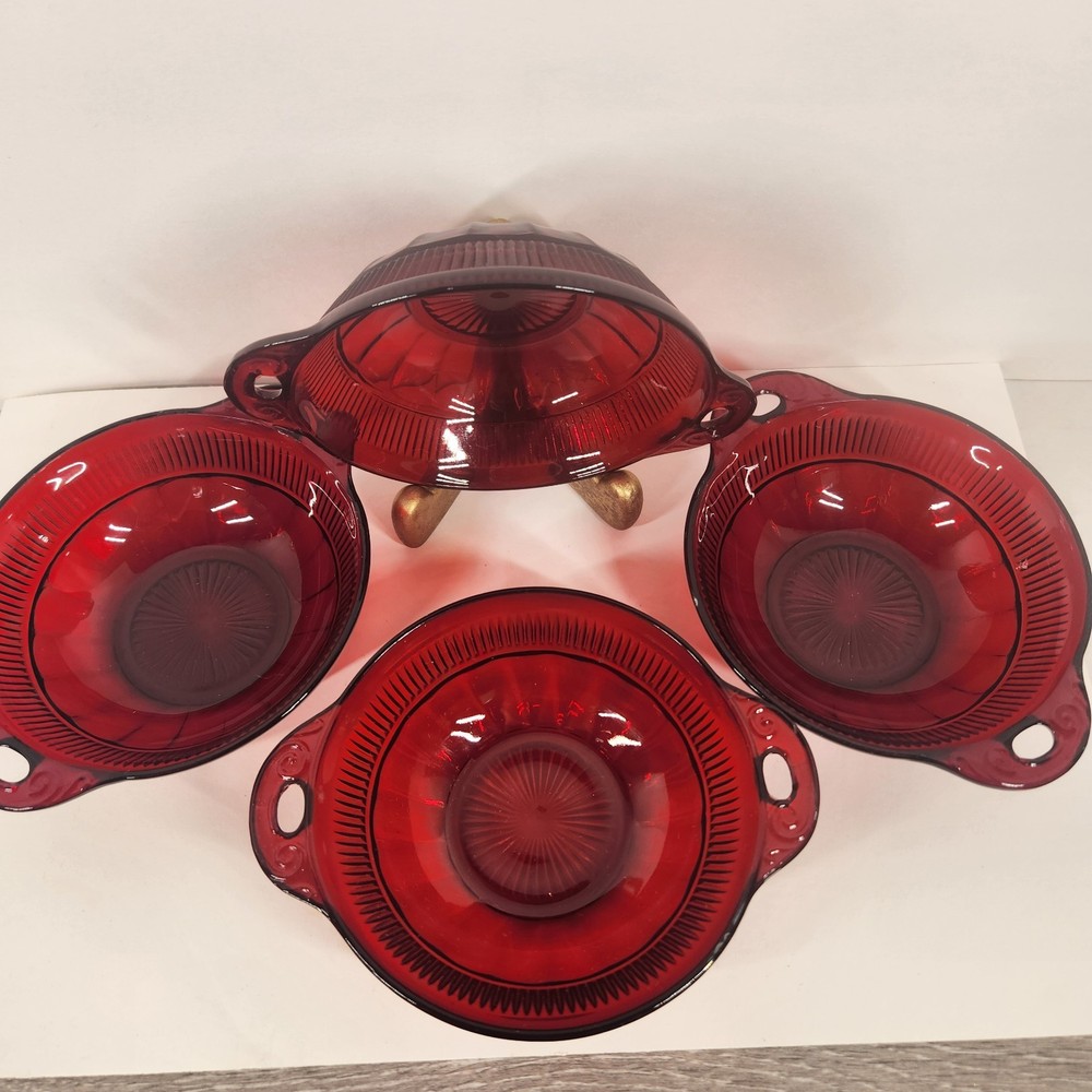 Vintage Anchor Hocking Coronation Ruby Red Handled Fruit Bowl