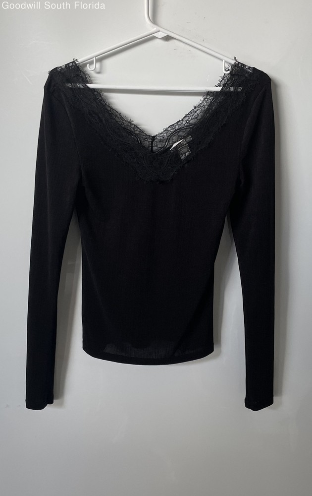H&M Womens Black Lace Trim V-Neck Long Sleeve Pullover Blouse Top Size Small