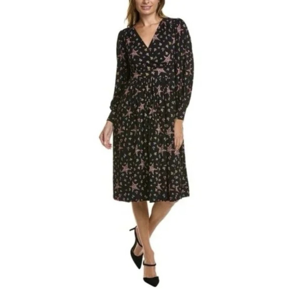 Boden Size 8P NEW Black Star & Floral Long Sleeve Fixed Wrap Jersey Midi Dress