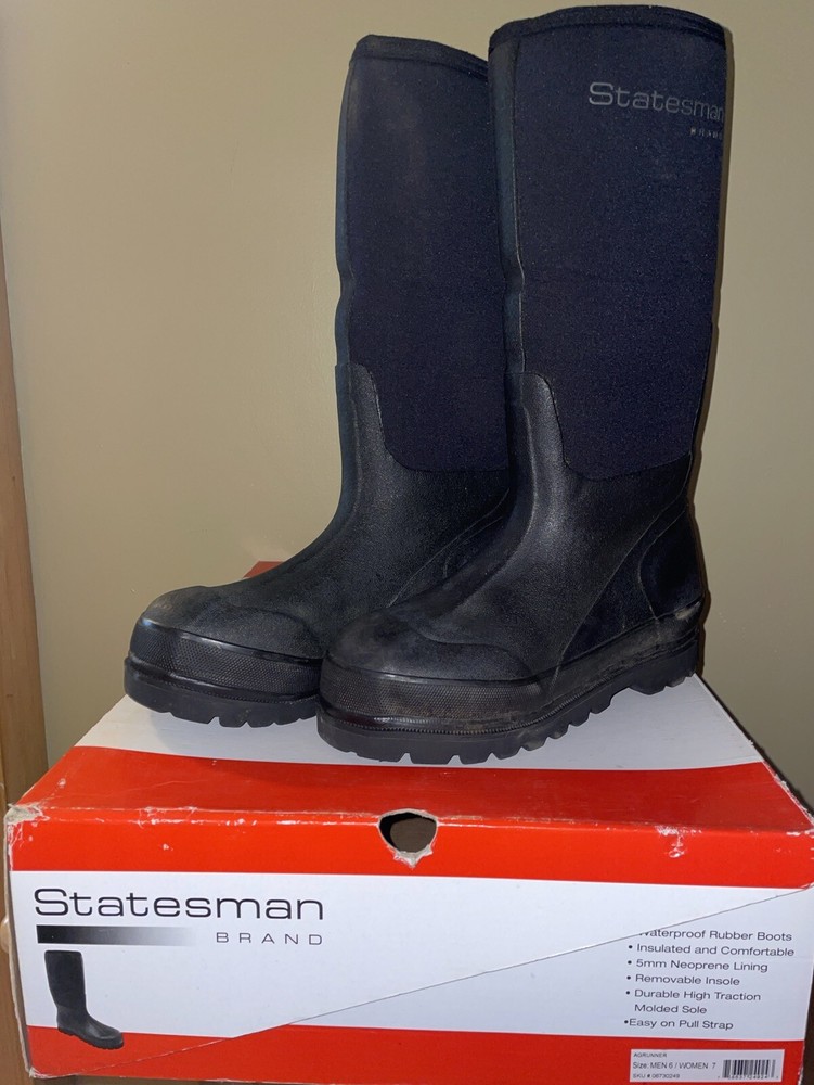 STATESMAN 15-inch Black Rubber Boots Waterproof Insulated Men 6 Women 7 Preowned