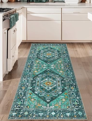 Boho Washable Runner Rug, 2x6 Rug Runner Non-Slip Vintage Teal Hallway