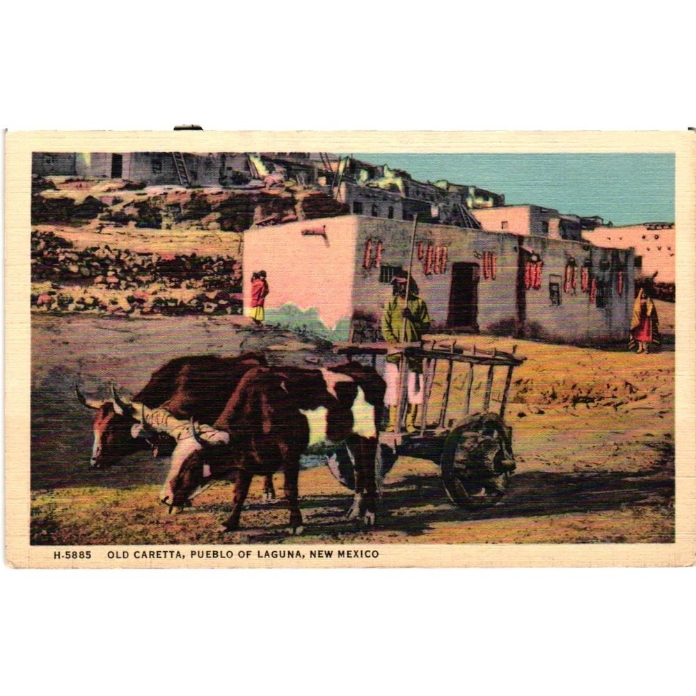 Vintage Fred Harvey Postcard Old Caretta Pueblo of Laguna New Mexico 1942 Linen