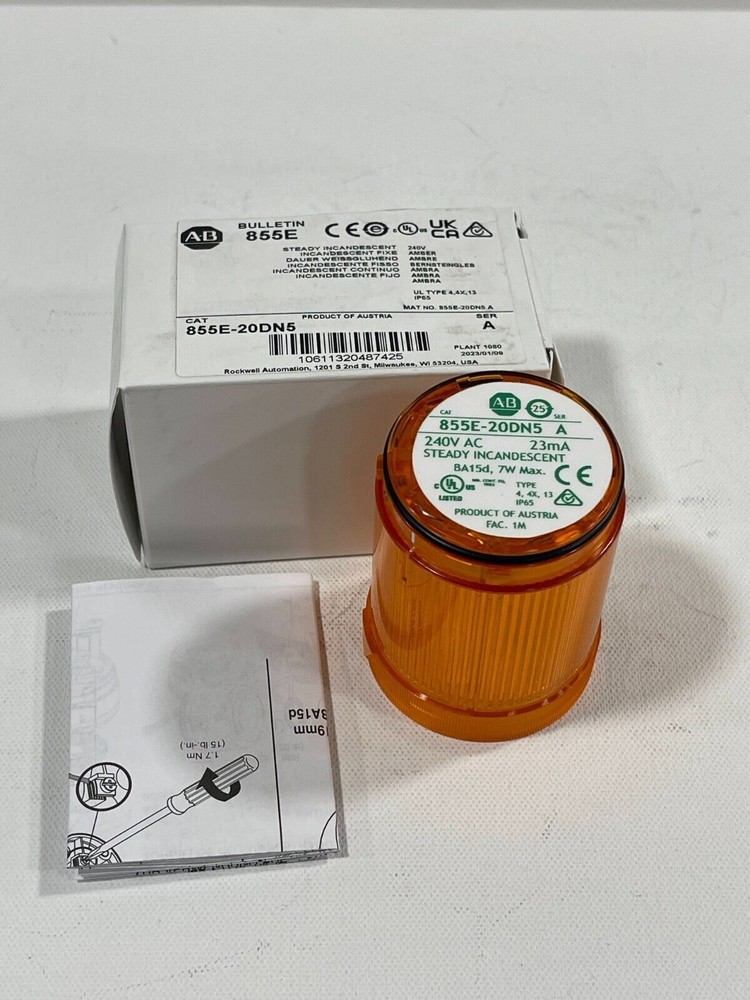 New! Allen Bradley 855E-20DN5  Amber Steady Incandescent  240V    SER A