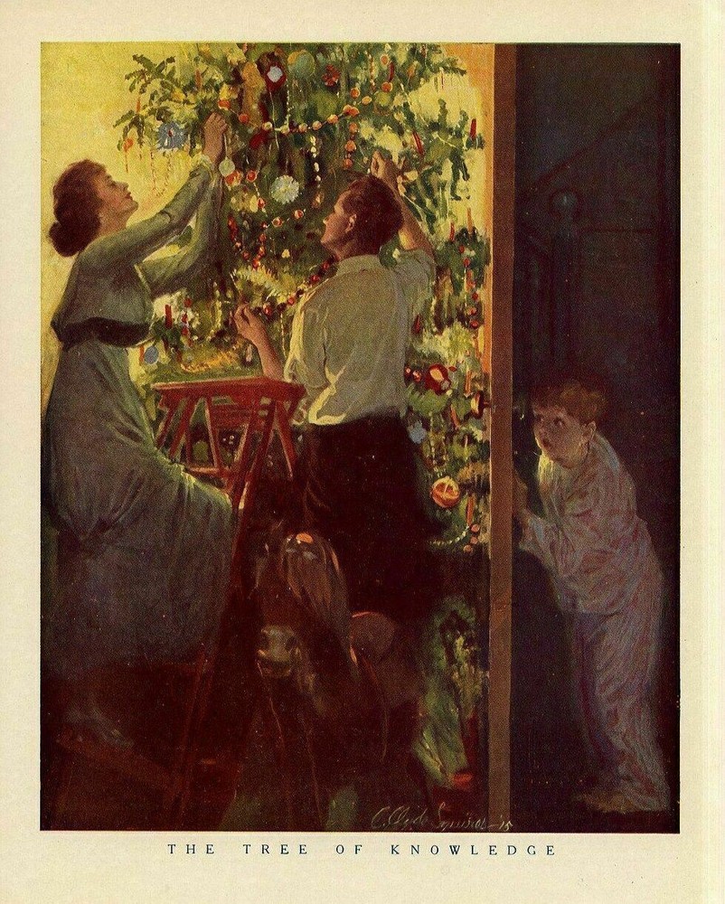 CHRISTMAS TREE OF KNOWLEDGE YOUNG BOY PEEKING AT PARENTS DECORATING ORNAMENTS