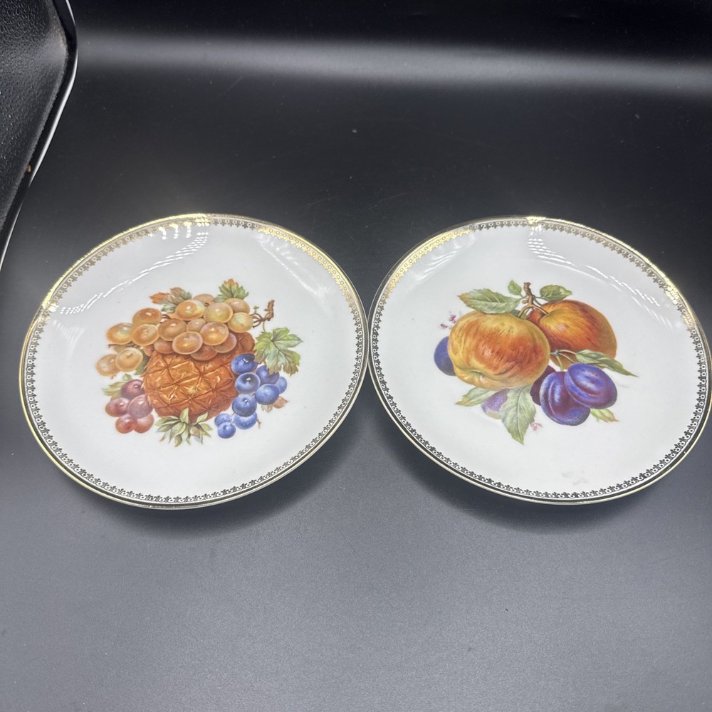 Set of 2 Bavaria Debra Germany Porcelain Plate Fruit Design Gold Rim 7 1/2”