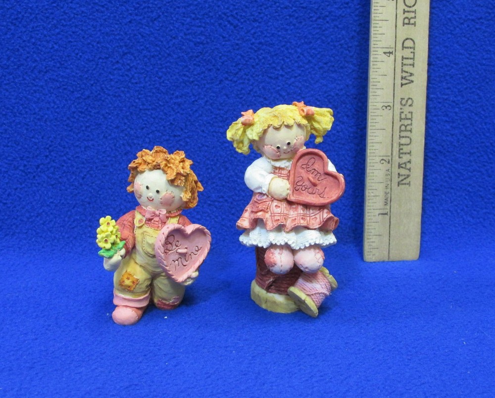 Boy & Girl Valentine Figurines Heart Be Mine I'm Yours & Gift Bag Lot 3