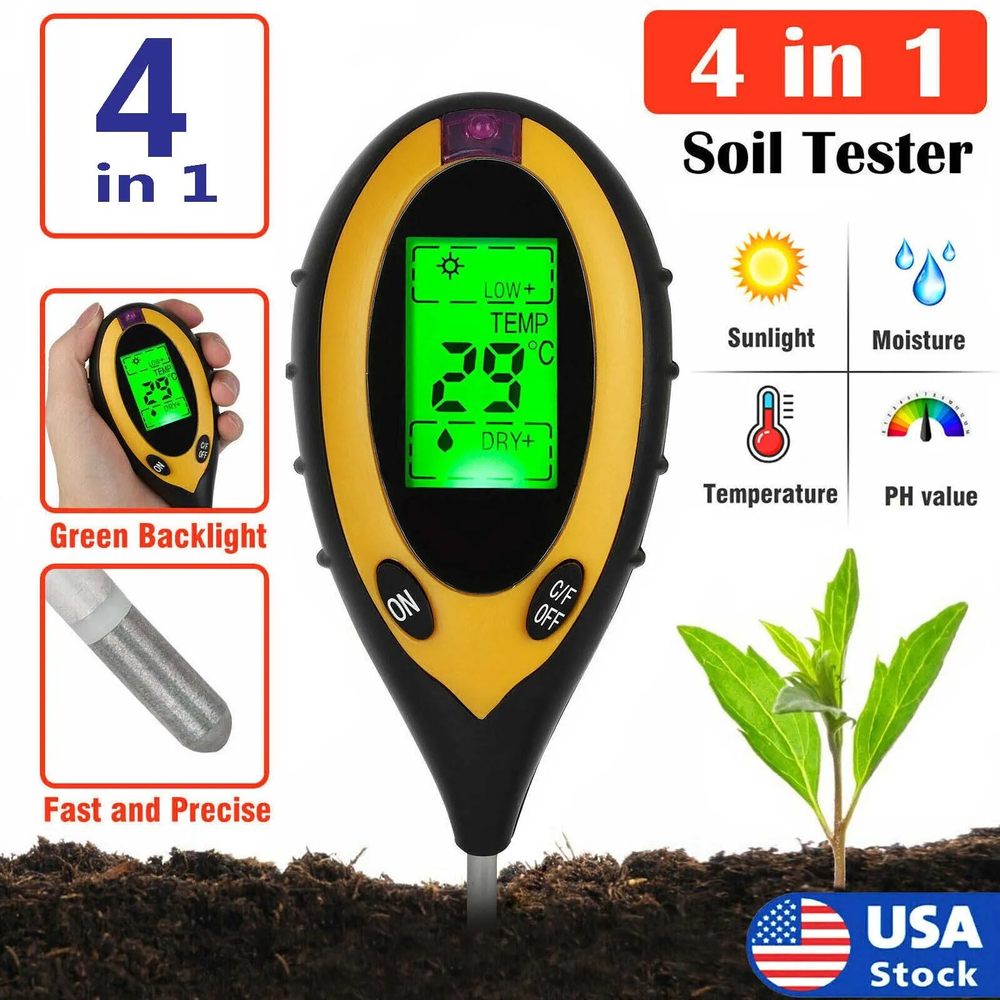 4 in1 LCD Digital Soil PH Meter Tester Temperature Sunlight Fertility Hygrometer
