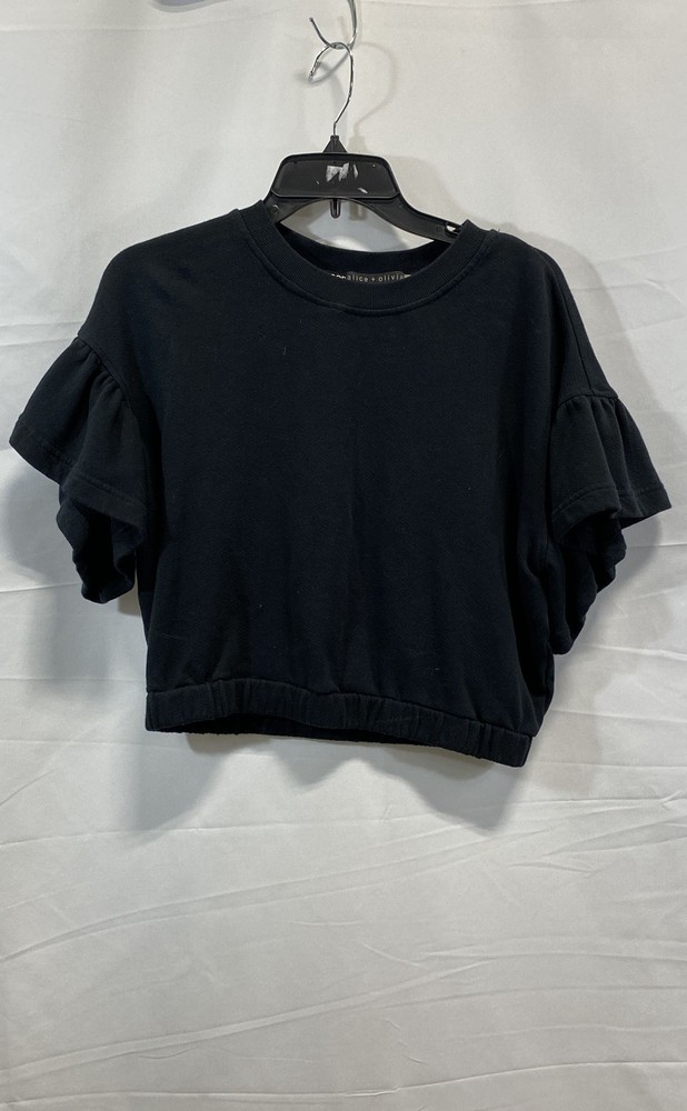 Alice + Olivia Women's Kallie Sweatshirt Black Puff Sleeve Cropped Top Sz M